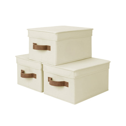 Solid Color Lidded Fabric Storage Bins with PU Handles, Set of 3
