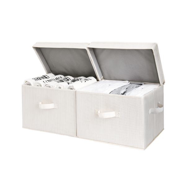 Fabric Storage Bins with Lid, 2-Pack: beige fabric, flip-top lids, three soft handles, shown open with contents.
