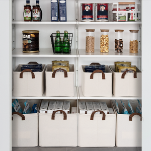 Shelving unit with storage bins and various products on a white background