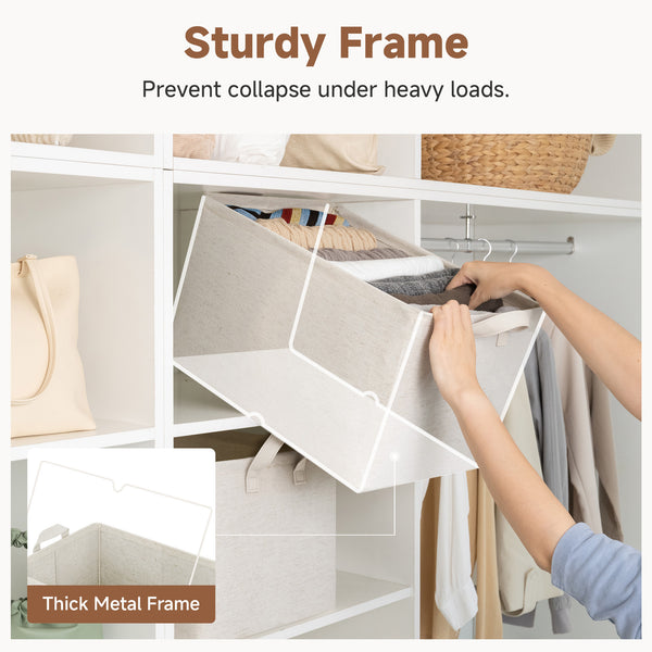Storage Bins, Metal Frame, Beige-Cotton-linen, 2-Pack