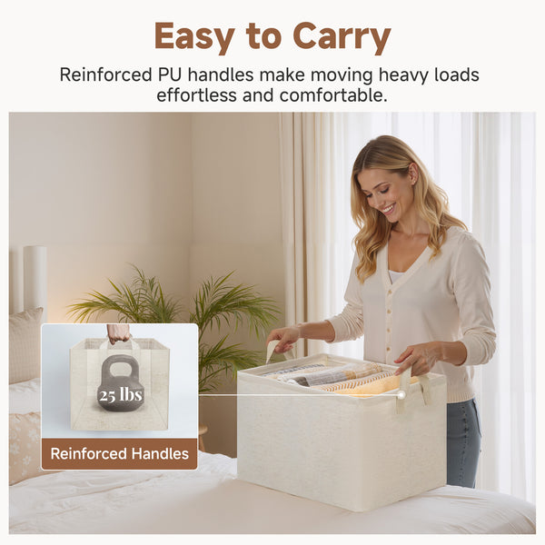 Storage Bins, Metal Frame, Beige-Cotton-linen, 2-Pack