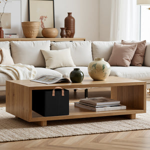 Living room with a white sofa, wooden coffee table, and decorative items. A black storage bin in the wooden coffee table.