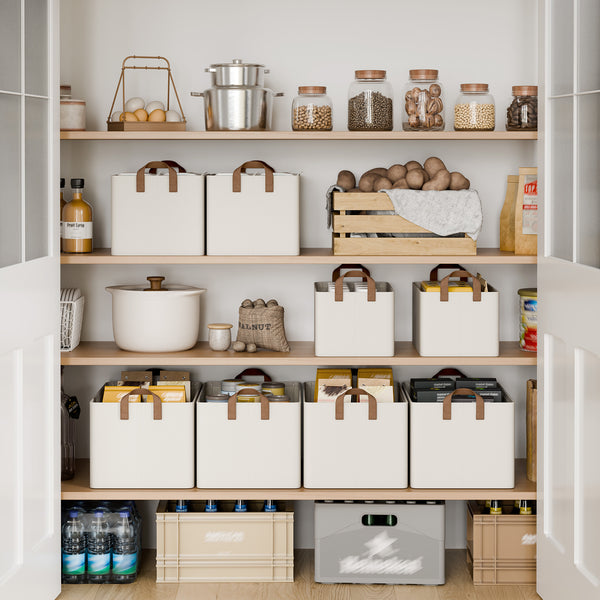 Shelving unit with storage bins, pots, and kitchen items in a well-lit kitchen.