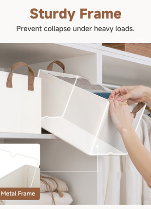 Beige storage bin with a thick metal frame being used in a closet setting.