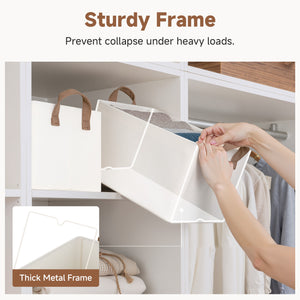 Beige storage bin with a thick metal frame being used in a closet setting.