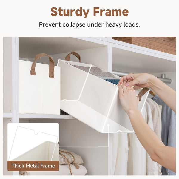 Beige storage bin with a thick metal frame being used in a closet setting.