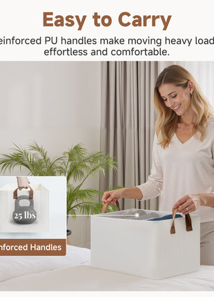Woman using a large beige box with reinforced handles in a bedroom setting.