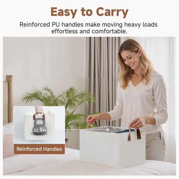 Woman using a large beige box with reinforced handles in a bedroom setting.