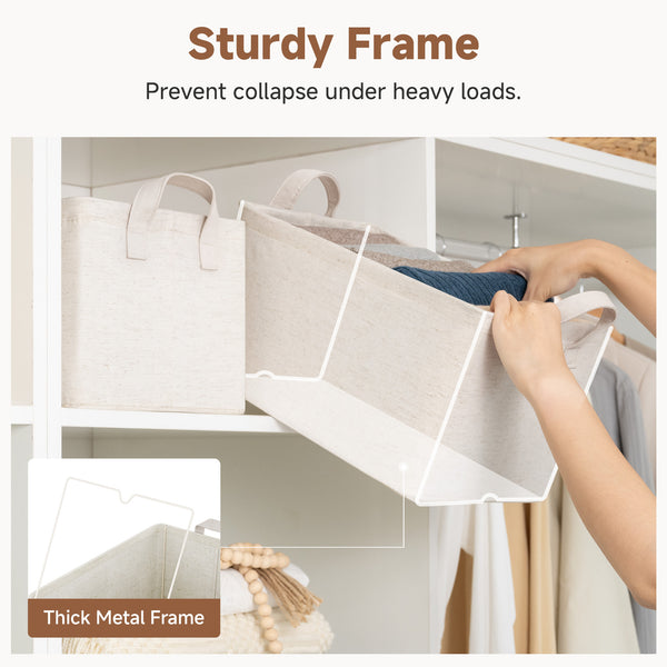Storage Bins, Metal Frame, Beige-Cotton-linen, 2-Pack
