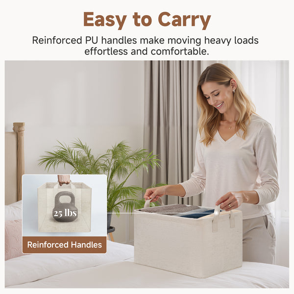 Storage Bins, Metal Frame, Beige-Cotton-linen, 2-Pack