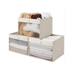 Rustic Linen Fabric Storage Bins with Clear Window, Set of 3
