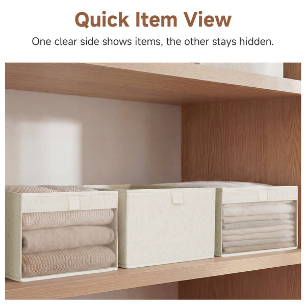 Rustic Linen Fabric Storage Bins with Clear Window, Set of 3
