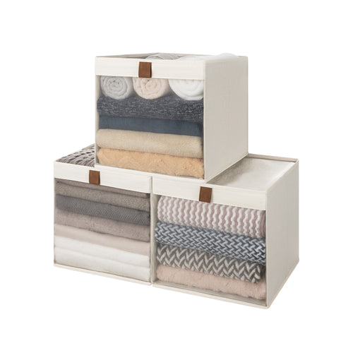 Fabric Cube Storage Bins, 3-Pack, Beige with Clear Front Window, displaying neatly folded clothes.