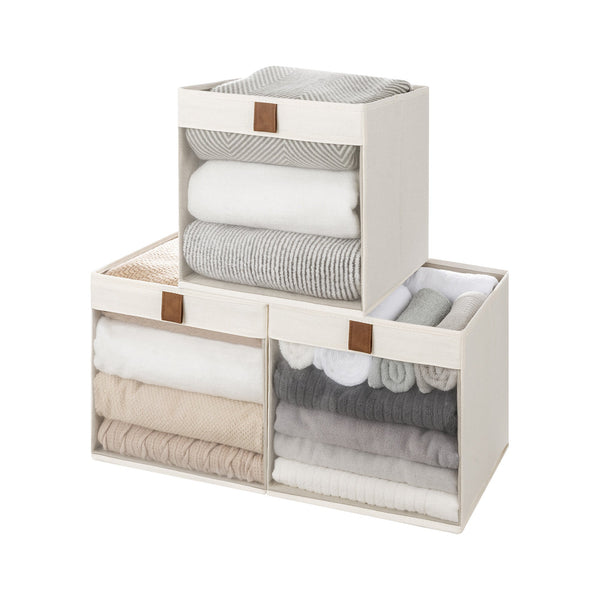 Beige fabric cube storage bins with clear windows, displaying folded clothes, set of 3.