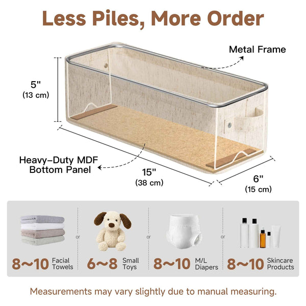 An informational product graphic showing a rectangular pet crate or storage box with labeled dimensions: 5 inches high, 15 inches wide, and 6 inches deep. The top section shows the product rendered as a transparent metal frame over a light wood exterior with a beige heavy-duty MDF bottom panel.
