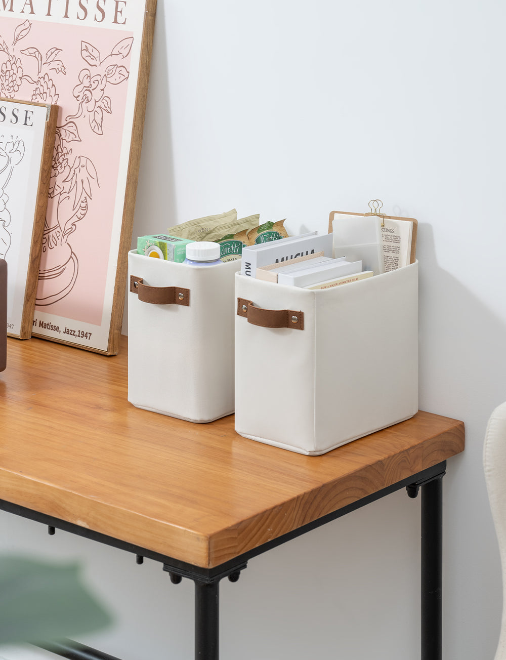 Tall Narrow Storage Bins, Beige, 2 Pack