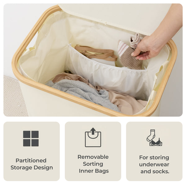 100L Large Laundry Hamper with Lid and Bamboo Handles and 1 Removable Inner Bag