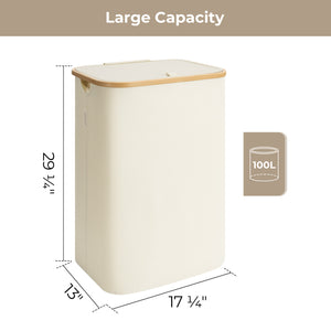 100L Large Laundry Hamper with Lid and Bamboo Handles and 1 Removable Inner Bag