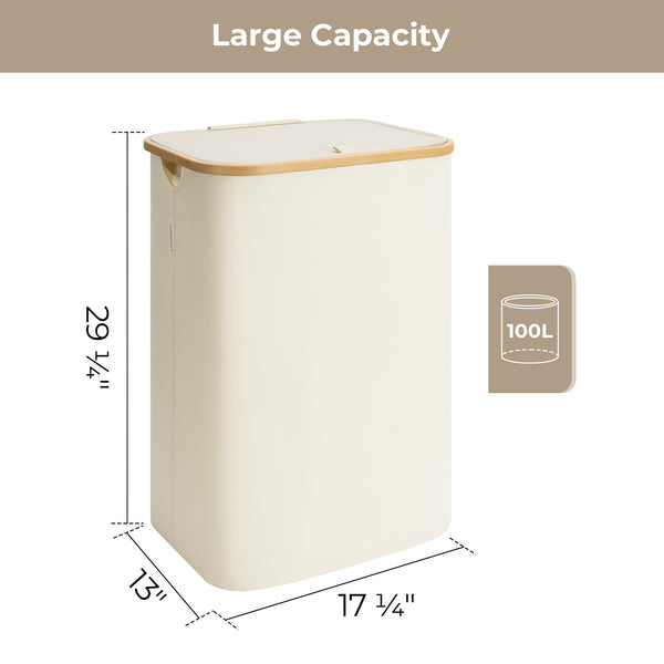 100L Large Laundry Hamper with Lid and Bamboo Handles and 1 Removable Inner Bag
