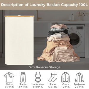 100L Large Laundry Hamper with Lid and Bamboo Handles and 1 Removable Inner Bag