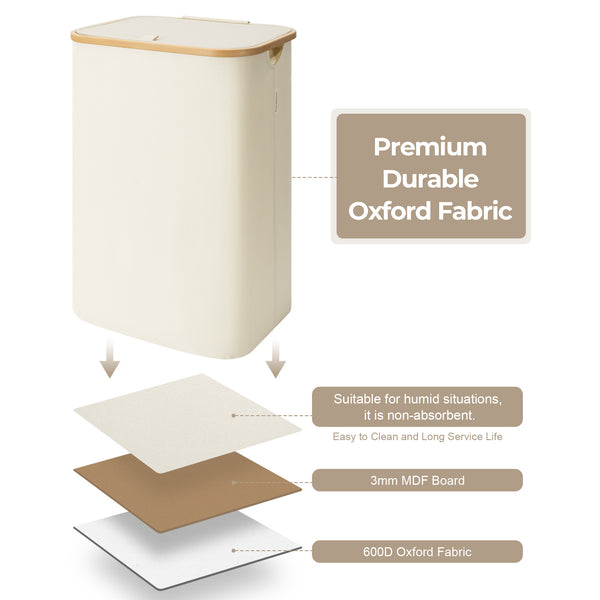 100L Large Laundry Hamper with Lid and Bamboo Handles and 1 Removable Inner Bag