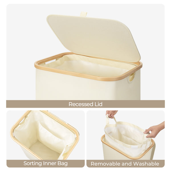 100L Large Laundry Hamper with Lid and Bamboo Handles and 1 Removable Inner Bag