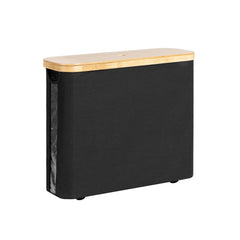 Toilet paper storage basket with bamboo lid, black fabric, side-view window, compact design.