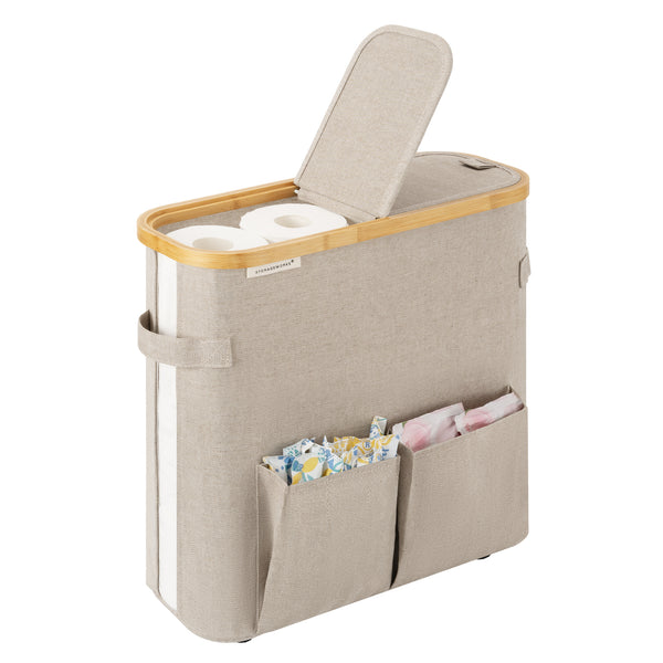 Toilet Paper Storage Baskets with Dual Flip Lids and Side Pockets