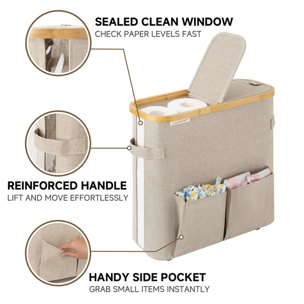 Toilet Paper Storage Baskets with Dual Flip Lids and Side Pockets