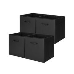 Black Cube Organizer Baskets, Small and Medium, with PVC leather front and fabric sides, four-piece set.