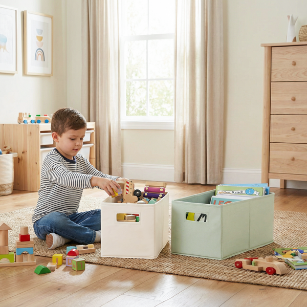Fabric Storage Bins for Shelves, Ivory and Light Green