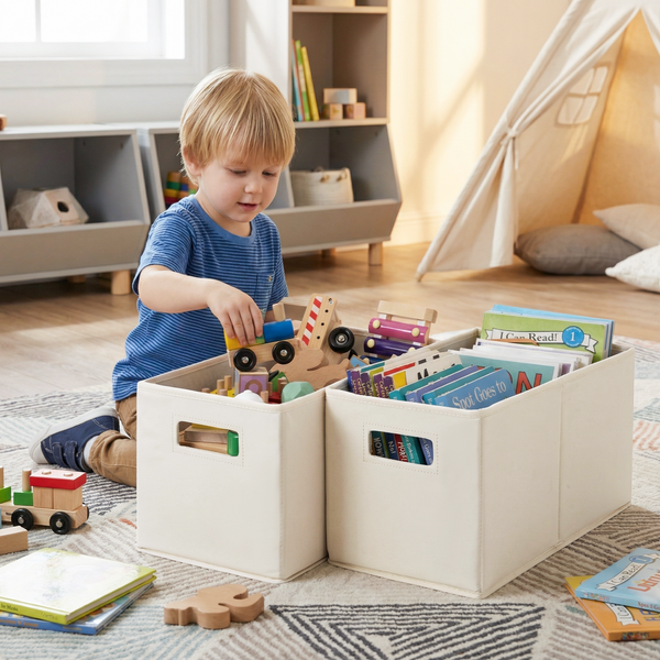 Fabric Storage Bins for Shelves, Ivory and Light Green