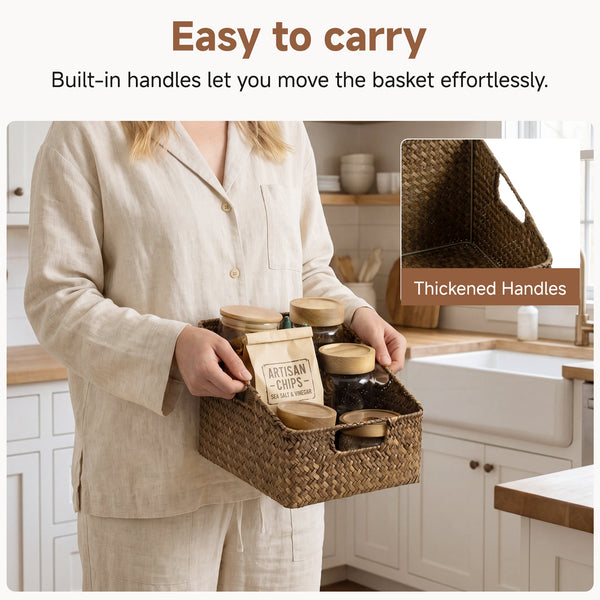 Flat Seagrass Pantry Baskets with Built-In Handles, Set of 2