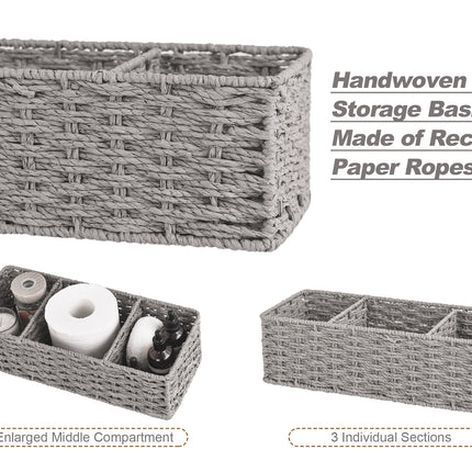 StorageWorks Wicker Toilet Basket Tank Topper, 3-Section Storage Baskets, 2-Pack