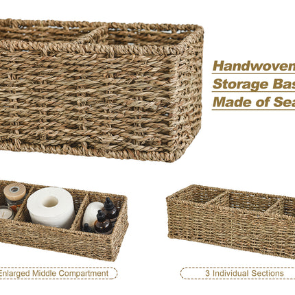 StorageWorks Wicker Toilet Basket Tank Topper, 3-Section Storage Baskets, 2-Pack