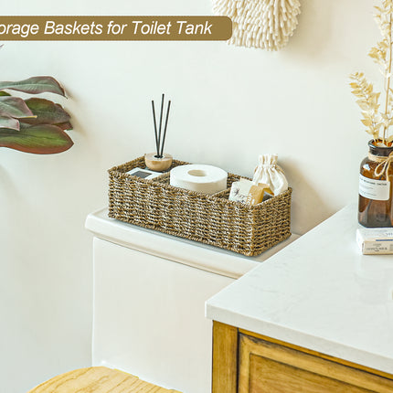 StorageWorks Wicker Toilet Basket Tank Topper, 3-Section Storage Baskets, 2-Pack