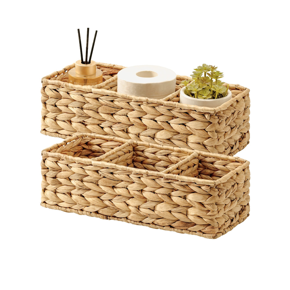 Water Hyacinth Toilet Basket Tank Topper, 3 Sections, Set of 2