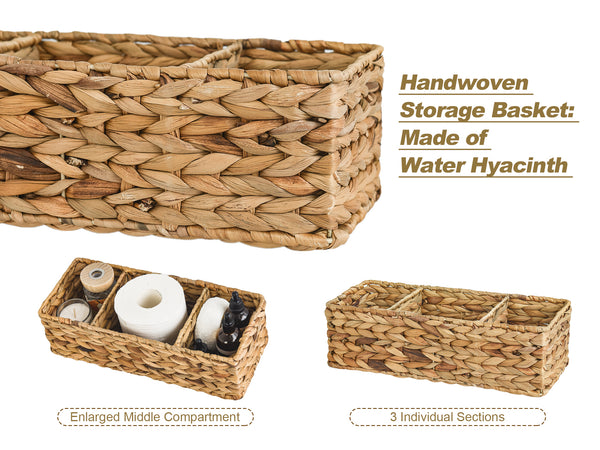 Water Hyacinth Toilet Basket Tank Topper, 3 Sections, 2 Pack