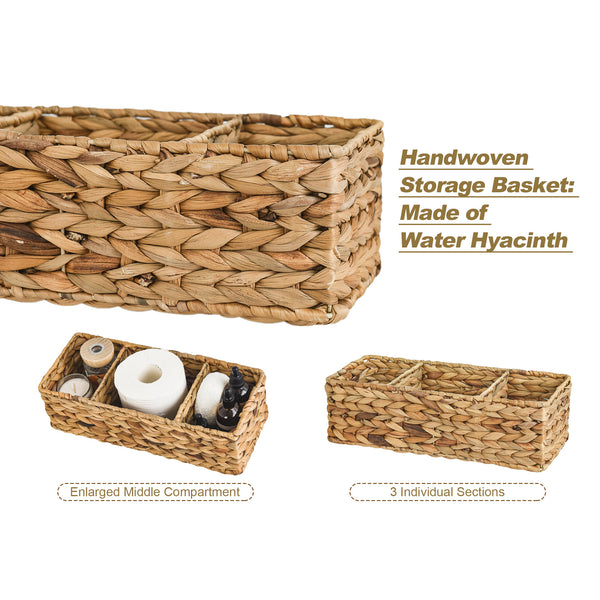 Water Hyacinth Toilet Basket Tank Topper, 3 Sections, Set of 2