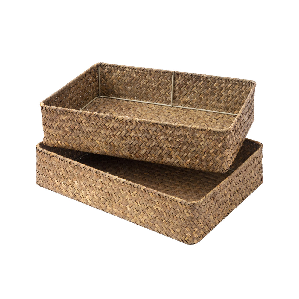 Large Flat Seagrass Tray for Bathroom, Set of 2