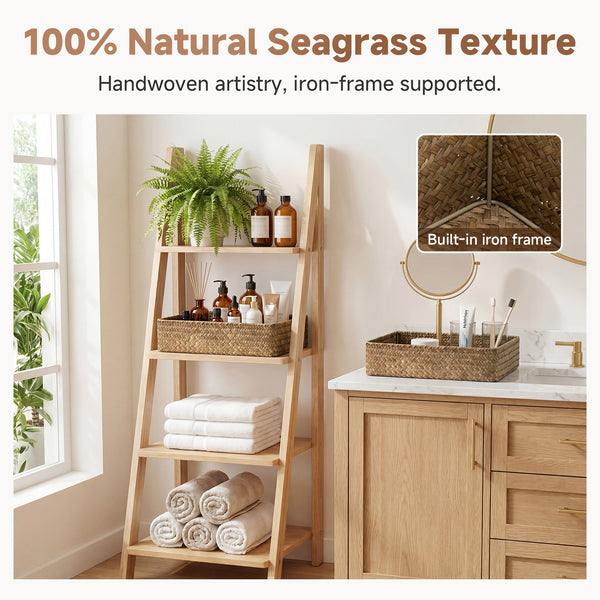Large Flat Seagrass Tray for Bathroom, Set of 2