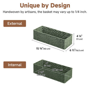 Paper Rope Toilet Paper Basket, Sage Green, handwoven, rectangular, recycled material, dimensions labeled, shown from top angle.