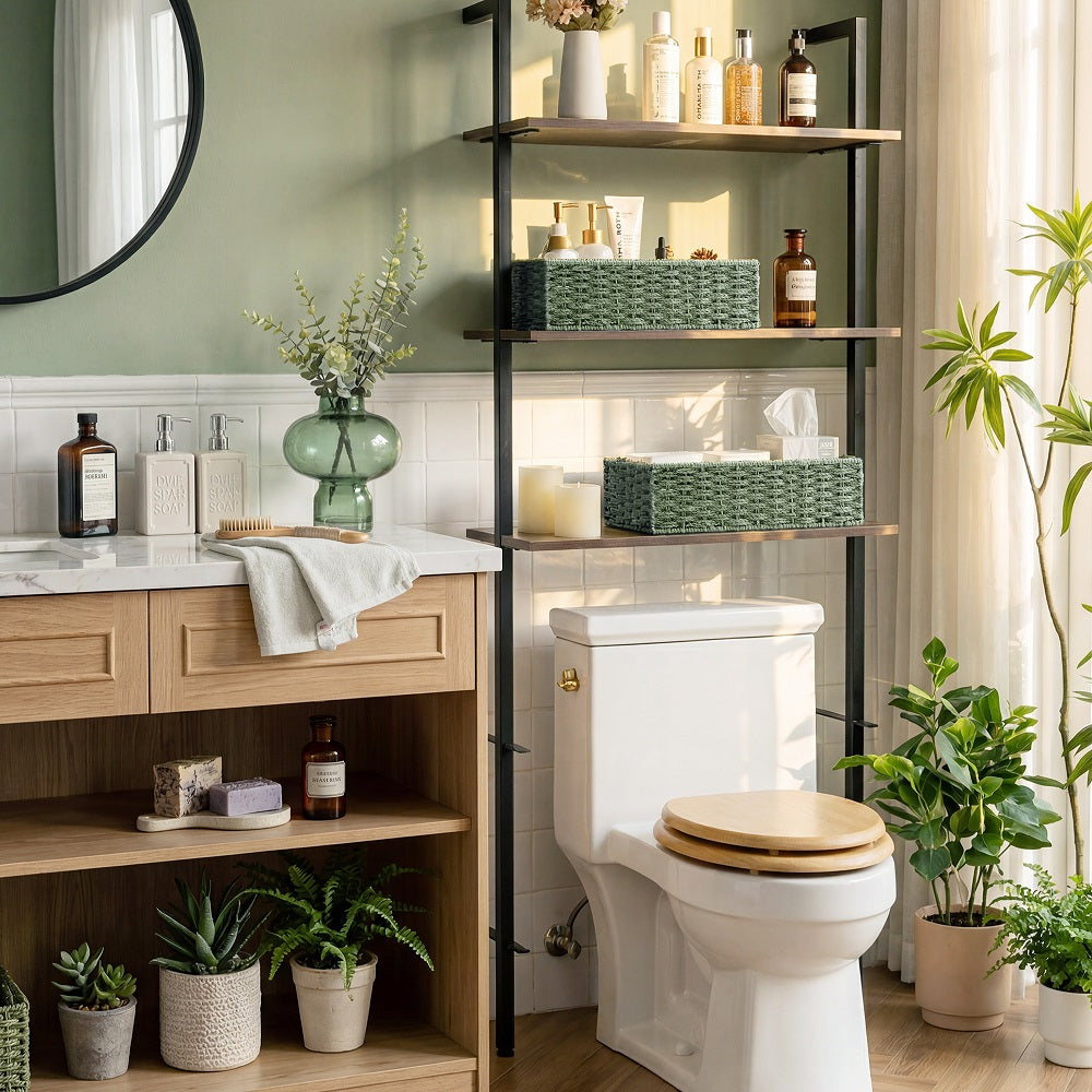 Handwoven Paper Rope Toilet Paper Baskets, Sage Green, displayed on bathroom shelves, modern decor.