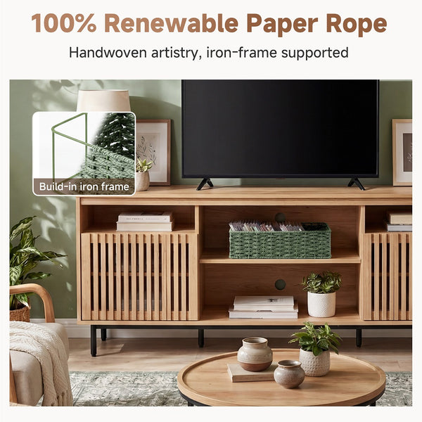 Handwoven paper rope toilet paper basket, green, eco-friendly, dual-pack, displayed in a modern living room.