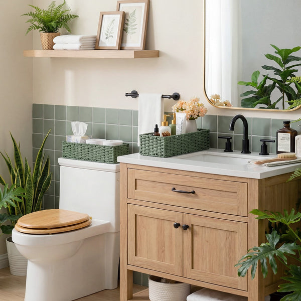 Handwoven Sage Green Paper Rope Toilet Paper Baskets on bathroom shelf, complementing modern decor.
