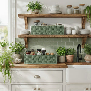 Paper Rope Toilet Paper Basket, Sage Green, handwoven, displayed on wooden kitchen shelves with plants.