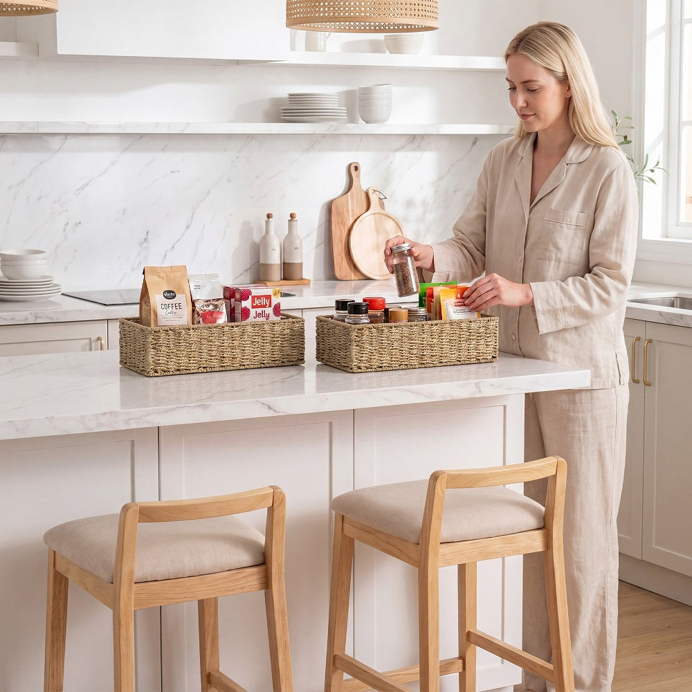 Seagrass Toilet Paper Basket, handwoven, 2-pack on kitchen counter, natural color, coastal decor.