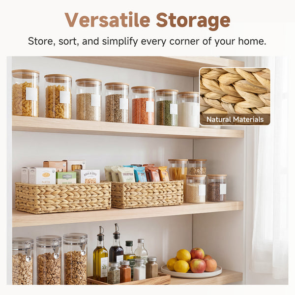 Water Hyacinth Toilet Paper Basket set on shelves, natural woven material, rectangular, holds various items.