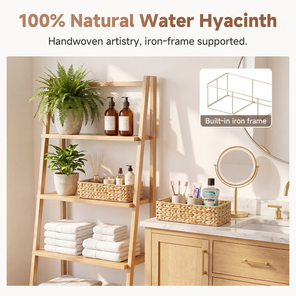 Water Hyacinth Toilet Paper Basket, set of 2, natural tone on bathroom shelf, handwoven over iron frame.