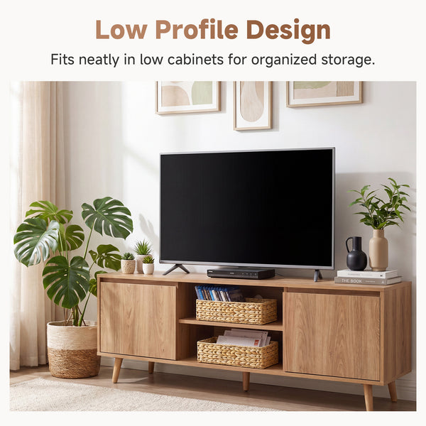 Water Hyacinth Toilet Paper Basket, set of 2, handwoven, light natural tone, on wooden TV console.